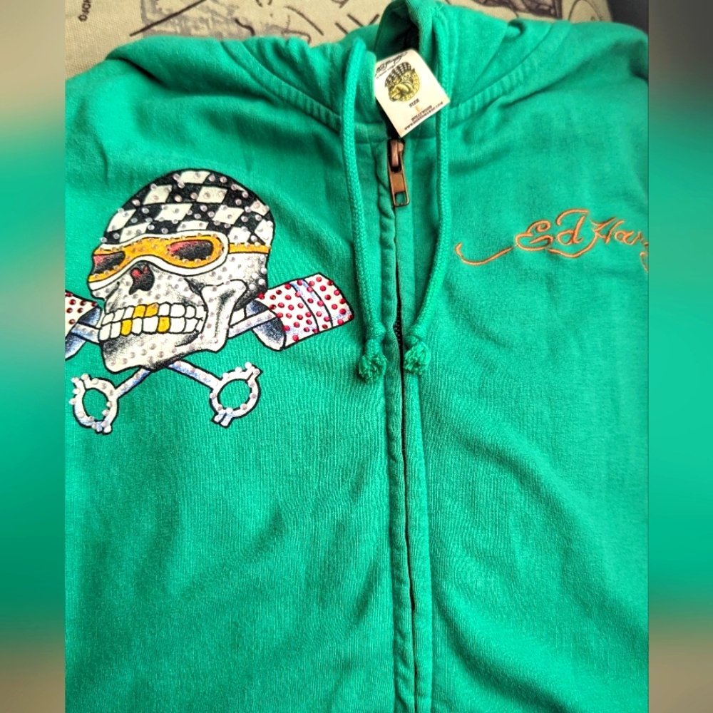 Ed Hardy Zip Hoodie  - Piston Design with Rhinestones - Vintage, Early 2000s